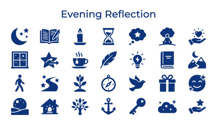 Naklejka premium Collection of conceptual icons representing evening reflection meditation mindfulness and personal growth with symbols of moon stars book candle hourglass and nature elements