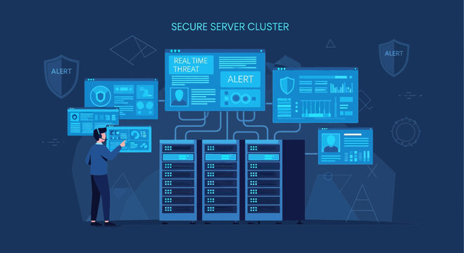 Secure server cluster with real-time threat alert and data monitoring