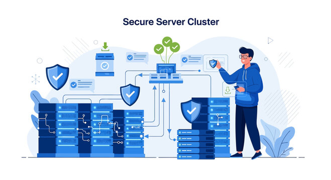 Secure Server Cluster: Data Protection, Network Security, Tech Concept