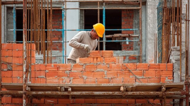 A bricklayer hard at work during the ongoing construction of a residential building structure. The scene captures active masonry work, with careful placement of bricks.