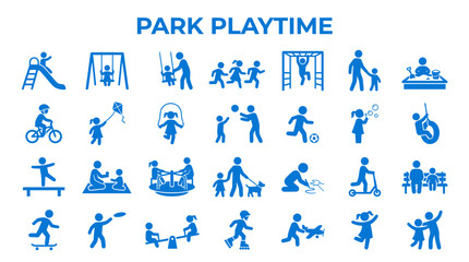 Obraz premium Park Playtime Icons Set: Diverse Children and Parents Enjoying Outdoor Activities Together on Playground Equipment and Games