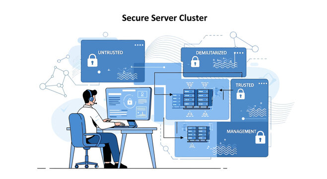 Secure server cluster illustration, data security and network protection concept.