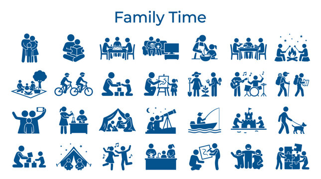 Family time illustrations depicting various bonding activities and leisure pursuits for parents and children showing togetherness and fun