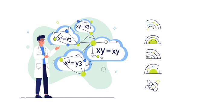Scientist explaining mathematical concept with network diagram and equations
