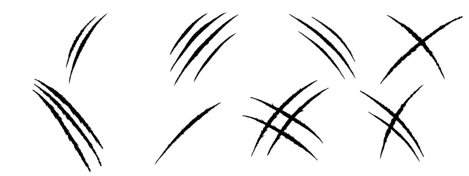 Claw scratch marks icon set. Animal claws black and white silhouette isolated on background. Sharp edged claw slash mark. Vector design element