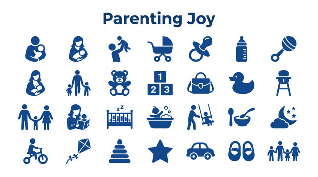 Collection of Parenting and Childhood Icons representing family life, baby care, and child development with a joyful and nurturing theme
