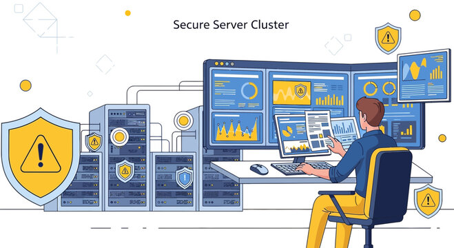 Secure Server Cluster with Data Analysis and Security Icons
