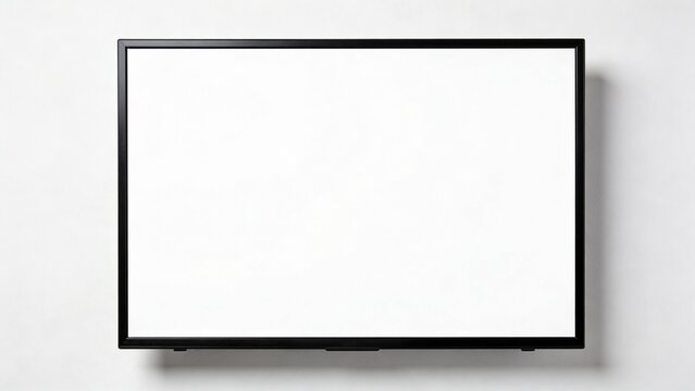  features a minimalist style with a focus on a rectangular, flat-screen television mounted on a plain white wall. The TV has a sleek