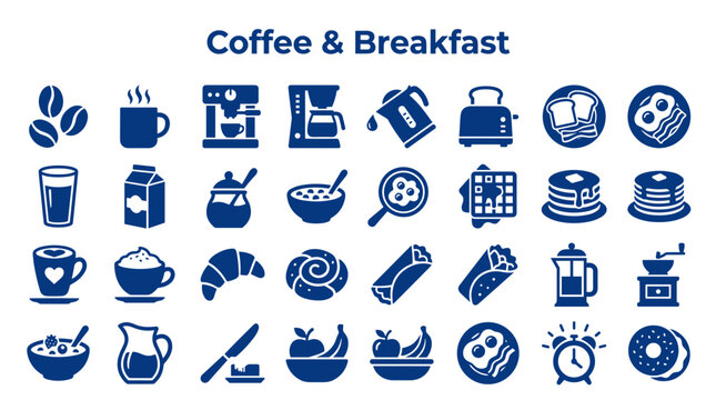 Coffee and Breakfast Icons Set Collection for Morning Meal and Beverage Service