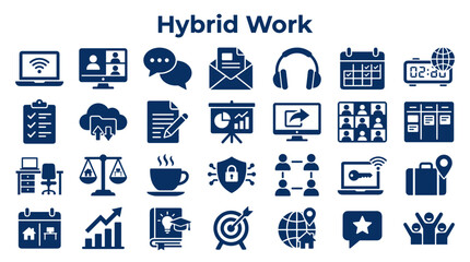 Naklejka premium Hybrid work concept illustration with icons showing remote work collaboration technology and office balance