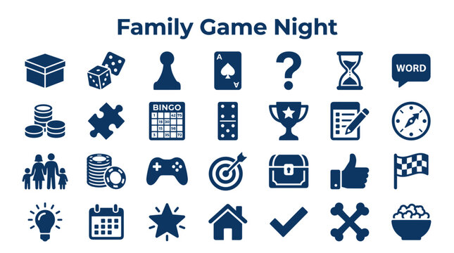 Family Game Night Icons and Symbols Representing Board Games, Cards, Puzzles, and Fun Activities for Leisure Time Together