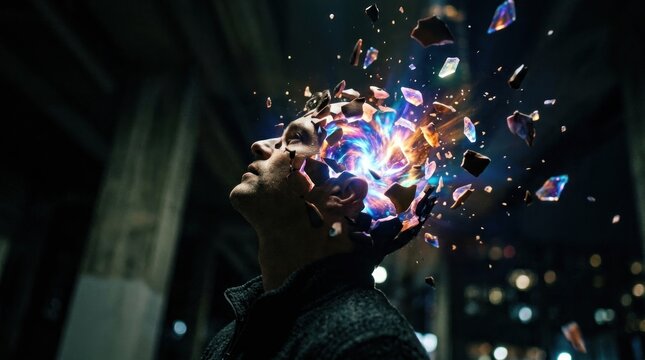 A man&rsquo;s head is shattering into fragments of light and crystal, with a vibrant explosion emanating from within. He is looking upwards, his expression 