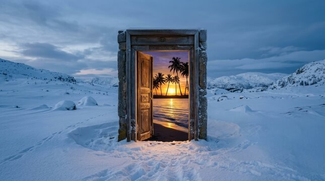 An old, weathered wooden door stands open in a snowy landscape. The doorframe is framed by a vast expanse of snow-covered mountains and a frozen 