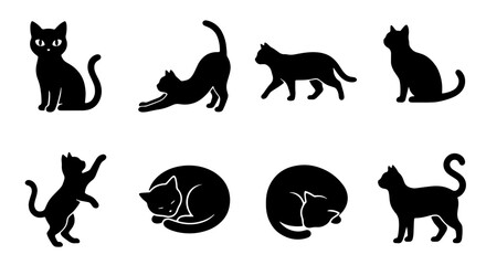 Black Cat Silhouettes Vector Set: Playful Poses, Sleeping Felines, Elegant Stretches, Sitting & Walking Domestic Animals, Minimalist Pet Icons for Design © Imtiaz