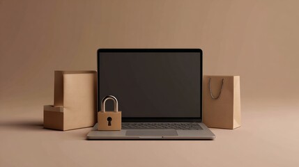 Fototapeta premium Laptop screen with digital padlock next to eco packaging mockup