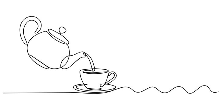 Teapot pouring tea to cup. Continuous line drawing, minimalist kitchenware vector illustration, Teapot in continuous one line drawing, teapot for tea drinking pours hot water into cup. Breakfast utens
