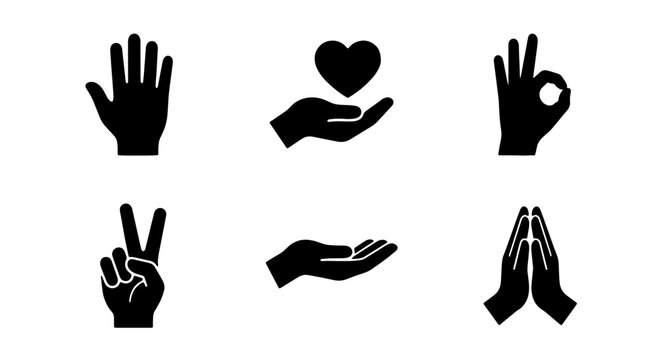 Set of Six Black Hand Gestures Icons, Vector Collection: Love, Peace, OK, Praying, Open Palm, Counting - Graphic Elements for Communication and Symbolism