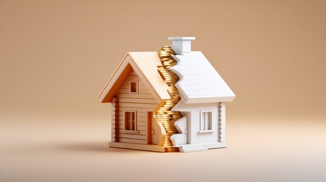 Divided home structure with golden coins illustrating real estate investment, shared property, and asset valuation.