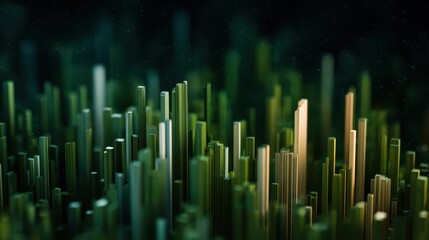 Obraz premium Futuristic digital metropolis with glowing green and golden data columns, abstract growth