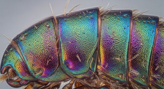 Detailed microscopic view of an iridescent insect exoskeleton's segmented surface