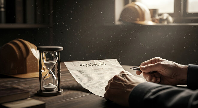 A concerned worker reviews a medical prognosis document next to an hourglass symbolizing the impact of asbestos cancer life expectancy and toxic occupational exposure