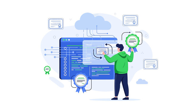 Programmer with Certificates, Cloud and Code, Quality Assurance Icon