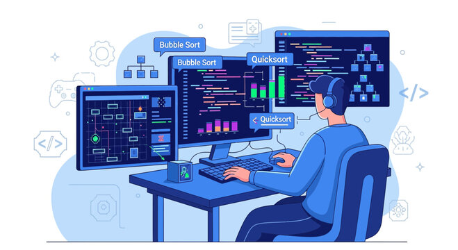 Programmer working on algorithms, sorting data on computers, coding, development