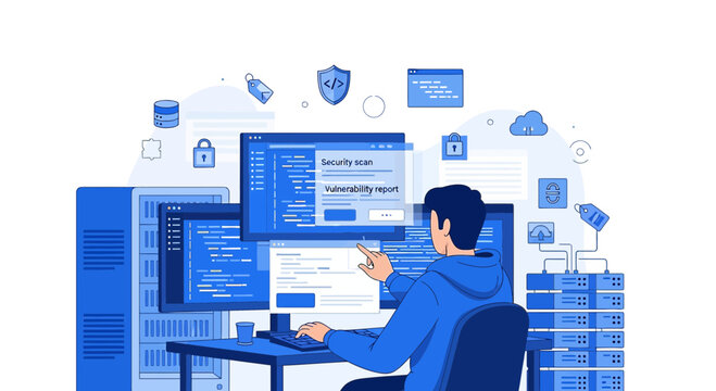 Programmer working on computer, cybersecurity and data analysis concept