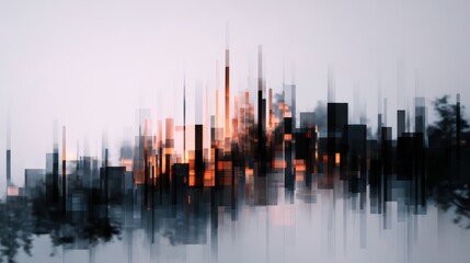 Naklejka premium Modern abstract city skyline illuminated by vibrant digital glow and architectural reflections