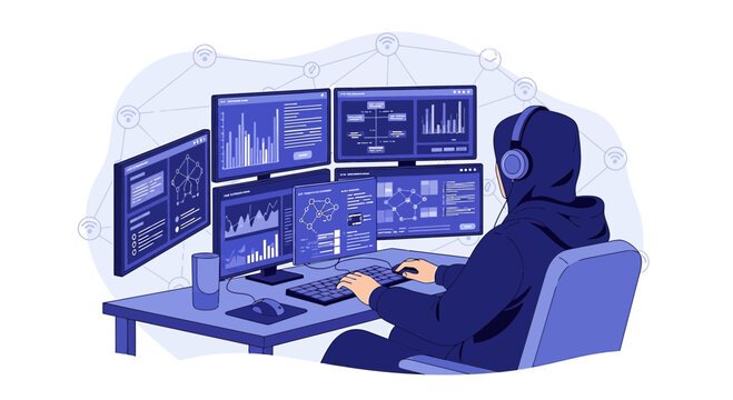 Programmer working on multiple monitors, data analysis, cybersecurity, IT professional