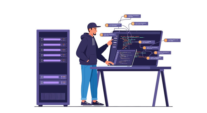 Programmer working on servers and network with coding diagram