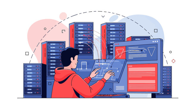 Programmer working on server room computer, tech data analysis, network security