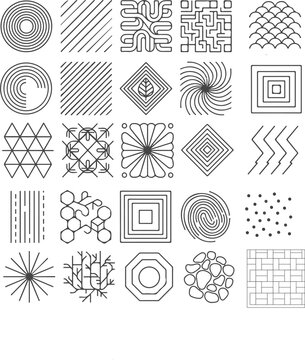 High-contrast monochromatic abstract composition featuring a structured 5x5 grid of 25 unique geometric and organic pattern squares. Designed with bold black linework on a pure white background, this 