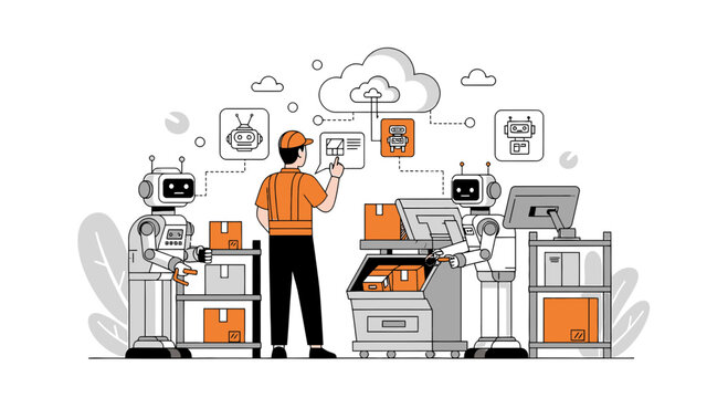 Robotic Warehouse Automation: AI, Logistics, Delivery, Cloud Technology Concept