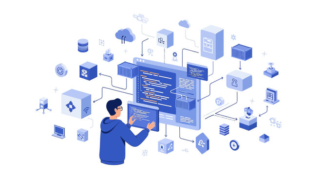 Programmer working with cloud technology and data systems, illustration