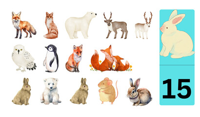 Fototapeta premium This painting depicts a gentle, peaceful, and imaginative natural world. Here, various forest and temperate animals are depicted in watercolor style. The use of a white, clean background allows each a