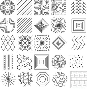 High-contrast monochromatic abstract composition featuring a structured 5x5 grid of 25 unique geometric and organic pattern squares. Designed with bold black linework on a pure white background, this 