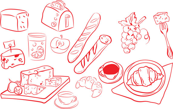 Hand drawn collection of various breakfast food items including fresh bread pastries cheese grapes and coffee depicted in a simple red line art style graphic illustration