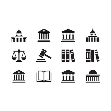 law and justice icons set black silhouette on white background