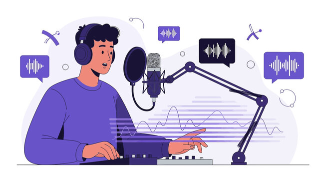 Podcaster recording audio with microphone and sound equipment, illustration