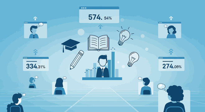 Online Learning & Digital Education Concept: People connect to knowledge hub