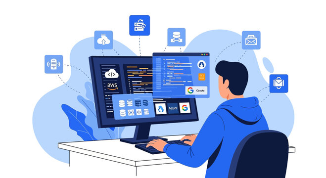 Programmer Coding On Computer, Cloud Technology, Digital Services Icons