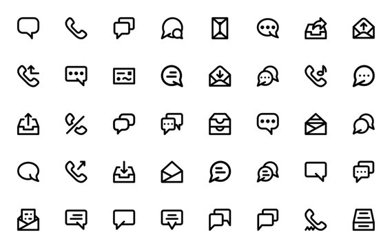 Dialogue icon set. Minimal communication icons pack. Featuring chat, phone call, mail, inbox, outbox, letter, dossier, ringtone, end call and more. Editable vector stroke.