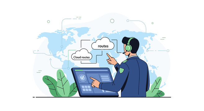 Person interacting with cloud computing interface on world map background