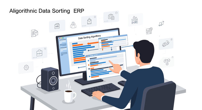 Man working with ERP software and algorithmic data sorting on computer