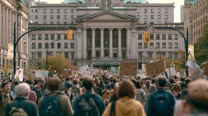Obraz premium Peaceful Protest and Activism Rally in Cityscape: Crowds with Banners Demand Social Change, Freedom, and Justice at Urban Government Building