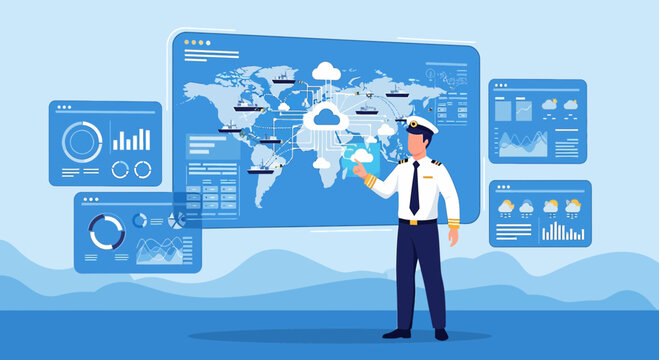 Maritime Pilot Navigates Global Shipping Routes on Digital Display