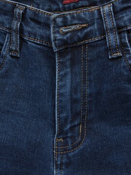 Dark Blue Denim Jeans Fly and Waistband with Bar Tack and Buttonhole Stitch
