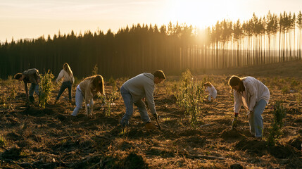 Fototapeta premium Volunteers Planting Trees for Reforestation: Community Efforts in Sustainable Ecology and Environmental Conservation