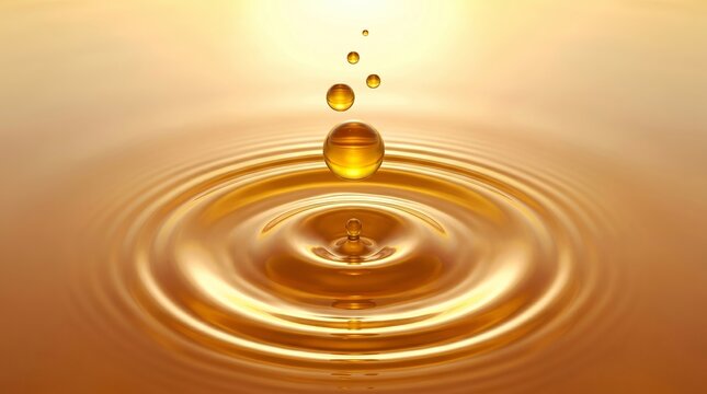 A golden liquid drop creates concentric ripples in this high quality macro photo capturing the fluid motion of falling oil